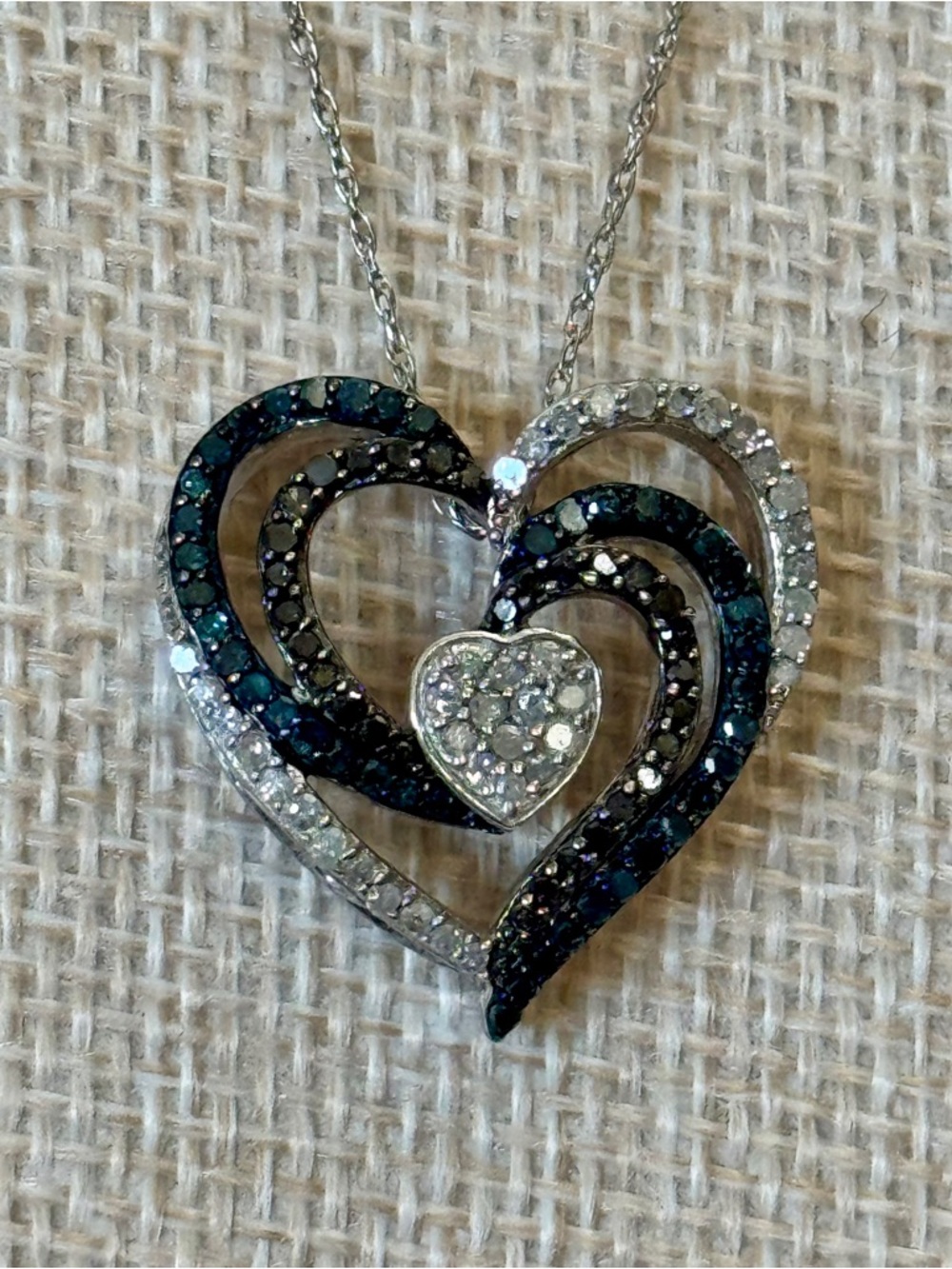 Navy Blue Diamond Accent Heart Necklace Sterling Silver 925 Multi Tone Pendant